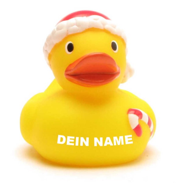 Weihnachtsmann Ente mit rot-weisser Zuckerstange - Personalisiert