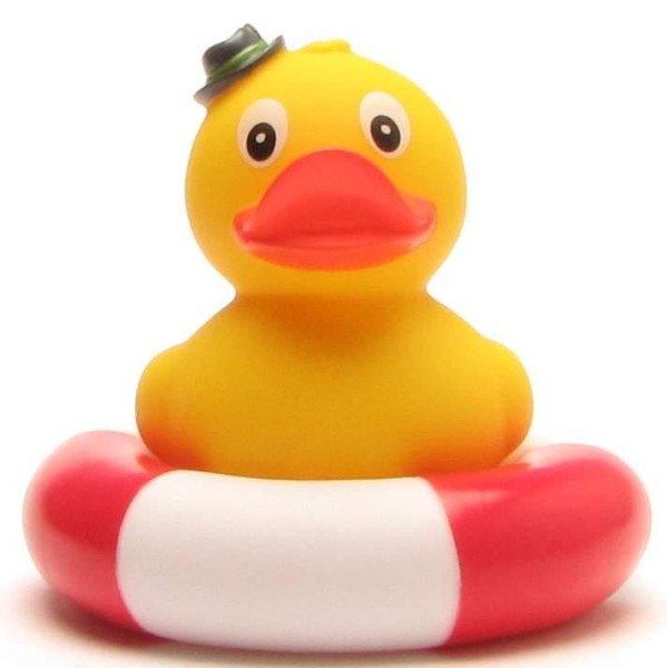 Standing duck - with Tyrolean hat - in a swimming ring