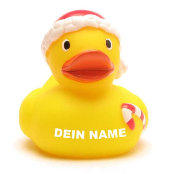 Weihnachtsmann Ente mit rot-weisser Zuckerstange - Personalisiert